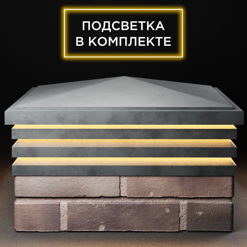 Колпак Zking Бона ХайТек Серый на столб 2х2 кирпича (513х513мм) с подсветкой Анапа фото
