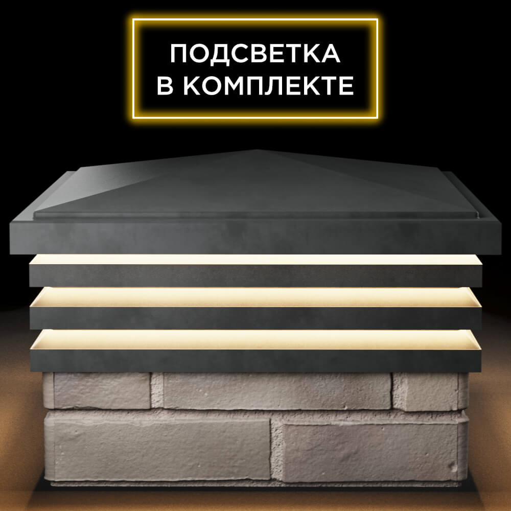 Колпак Zking Бона ХайТек Серый на столб 1.5х1.5 кирпича (385х385мм) с подсветкой Анапа фото